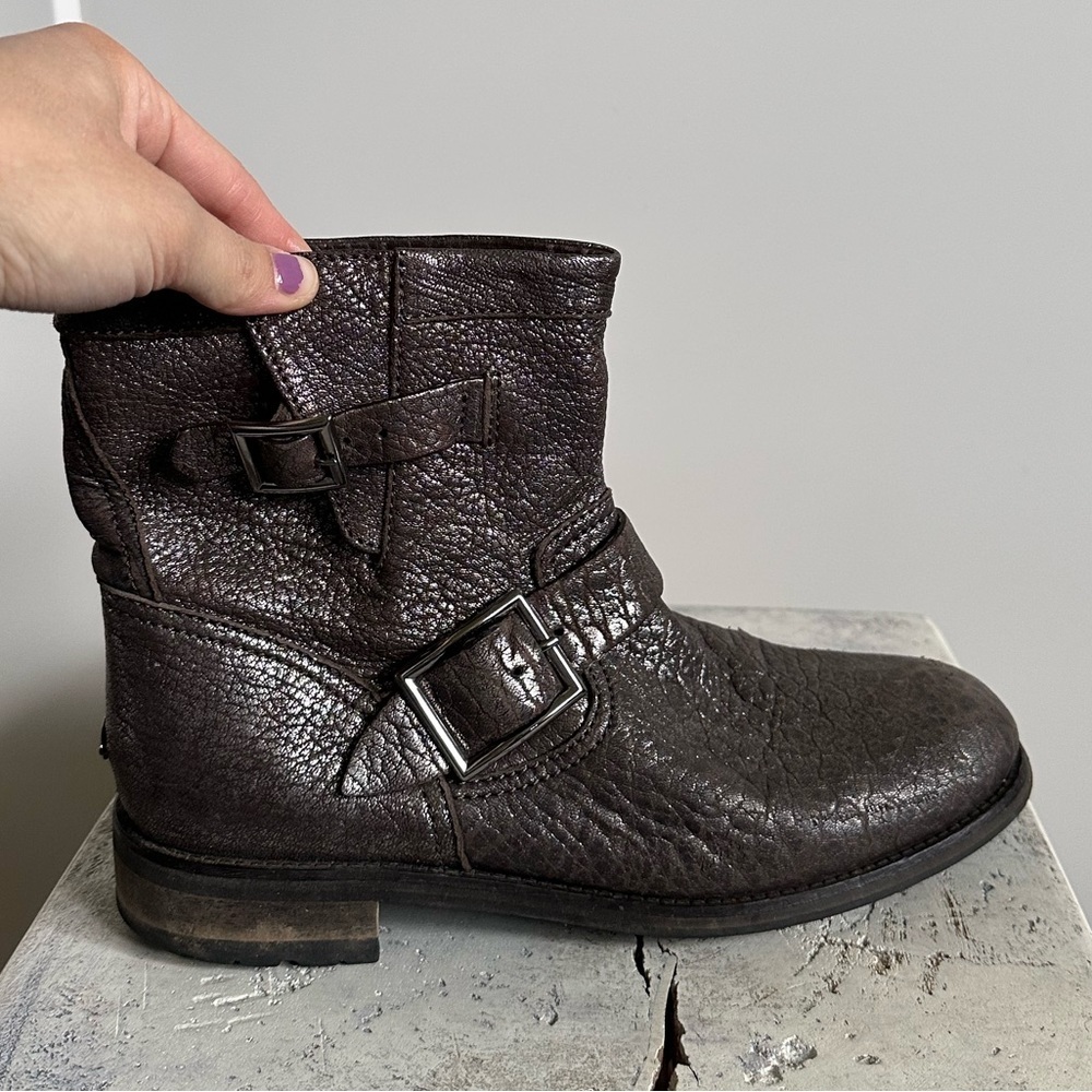 Jimmy Choo metallic brown leather moto biker boots buckled 39.5
